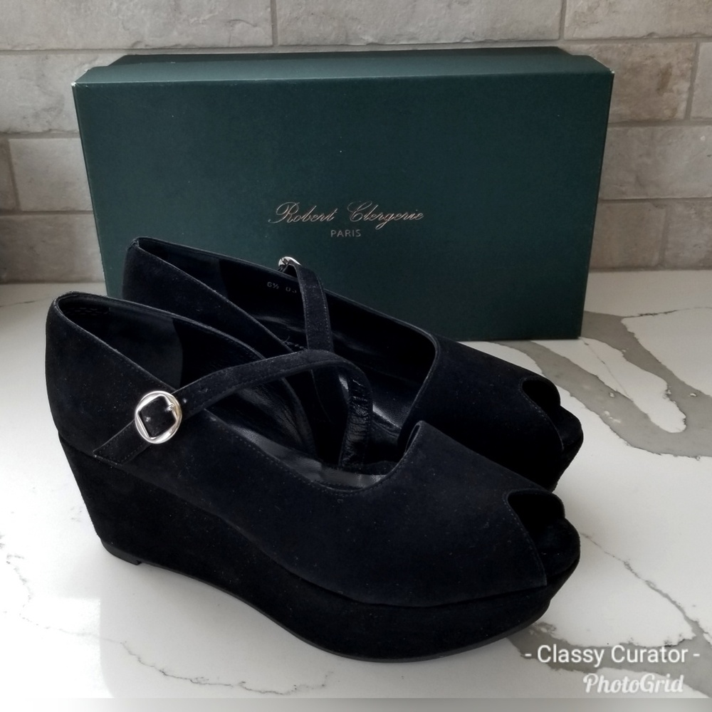 ROBERT CLERGERIE Paris blk suede platform peeptoe